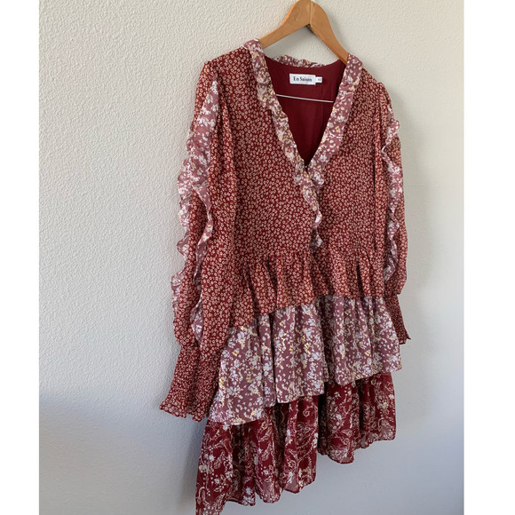 En Saison Metallic Floral Mini Dress‎ Size Medium Bohemian Ruffle Printed - Picture 6 of 10
